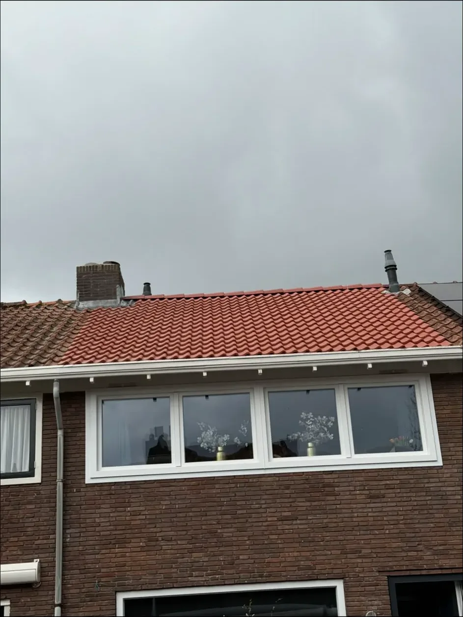 Hellend dak met rode dakpannen en grote ramen, geschikt voor dakinspectie en dakonderhoud
